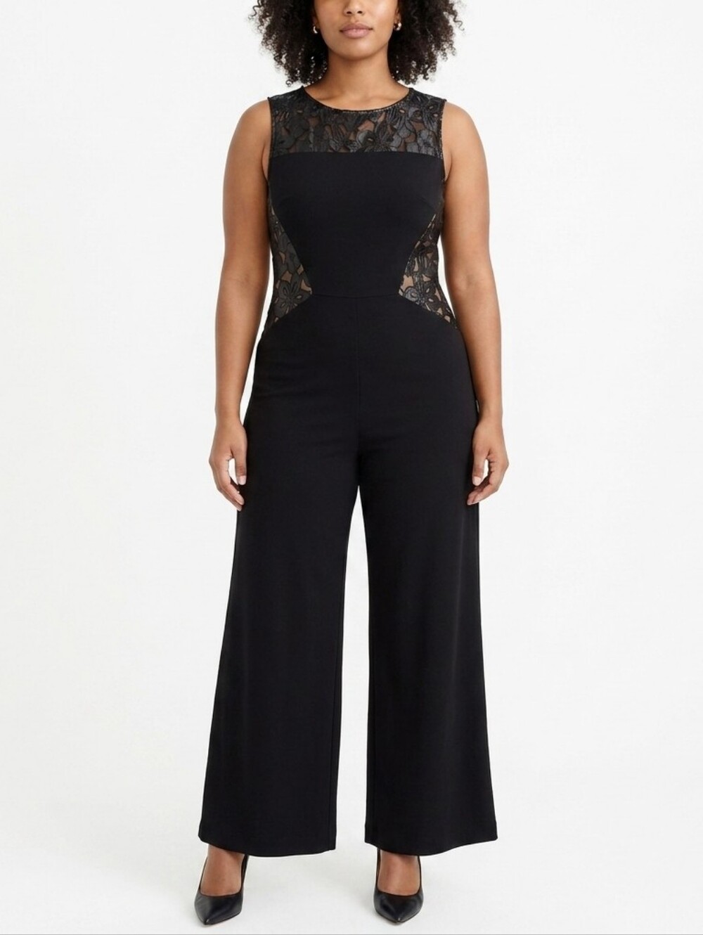 Va Va Voom Black Faux Leather Lace-Panel Wide-Leg Jumpsuit